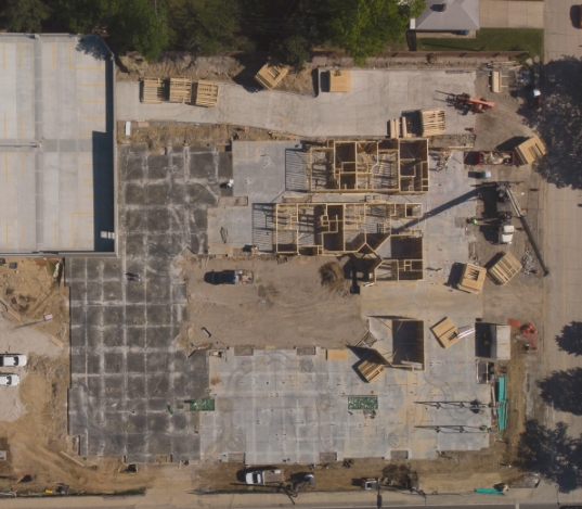 A birds-eye view photo of a worksite for one of Ridgehouse's residential properties