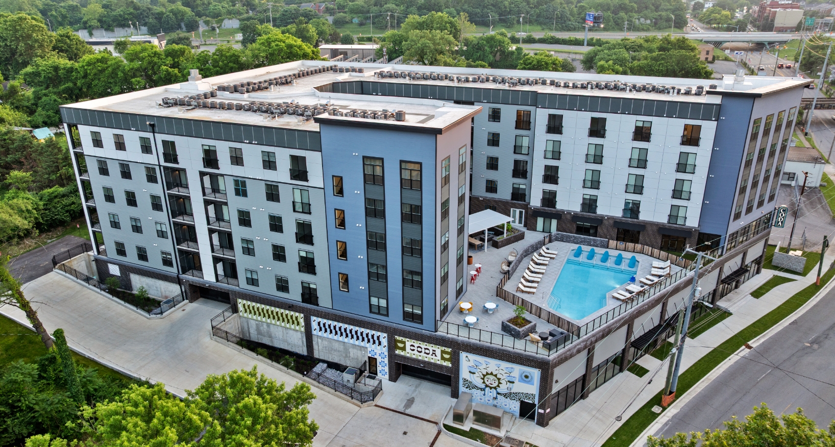 Exterior view of mural and pool