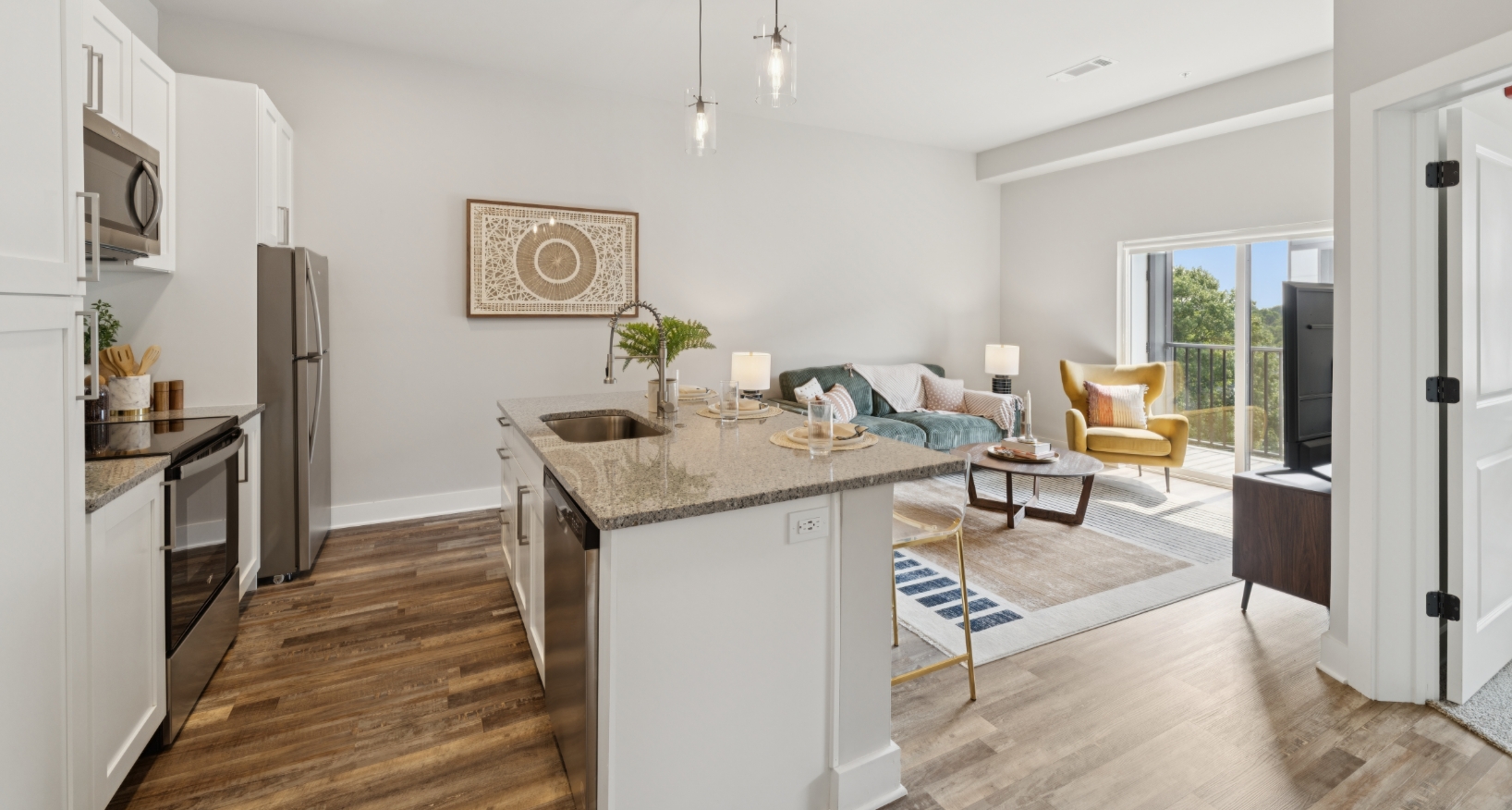Kitchen island and view of living room