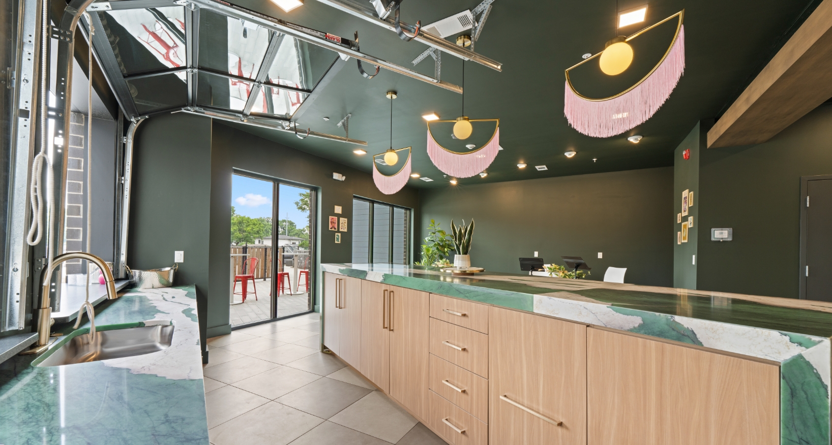 Long counter and lights in the music room