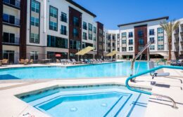 View of the pool and the from the hot tub